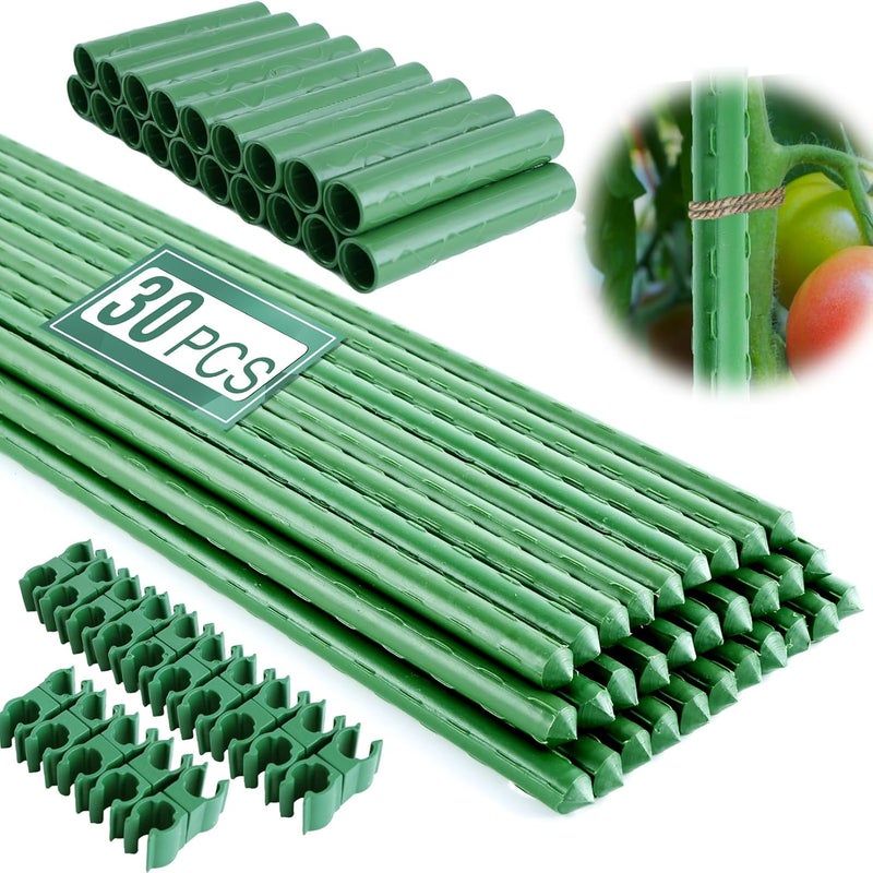 Fabulas Garden Stakes 16 Inch 30 Pack, Diy 4ft 5ft 6ft 7ft 8ft Tomato Stakes Plastic Coated Metal Plant Sticks Stakes Supports with 20 Connectors 15 Rotatable Clips for Indoor Outdoor Plants Vegetable - Image 1